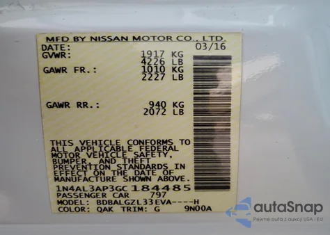 2016 Nissan Altima 2.5 z USA, uszkodzony, nr VIN 1N4AL3AP3GC184485